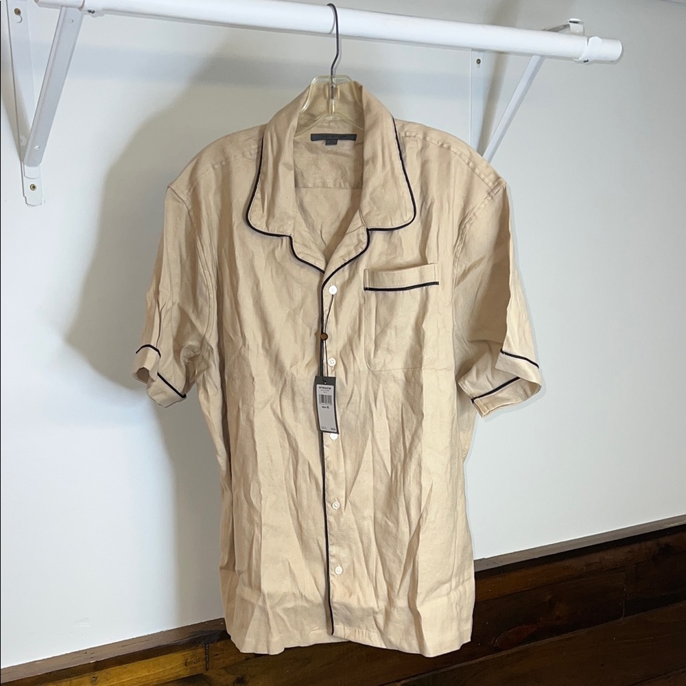 NWT John Varvatos Tan Linen Blend Button Down Shirt with Dark Accents- XL